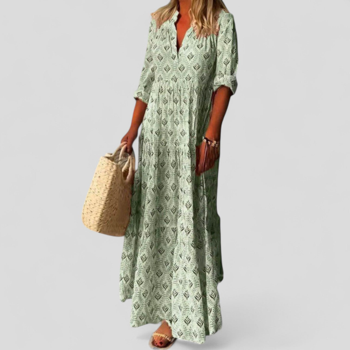 Damen Maxikleid mit V-Ausschnitt, 3/4-Ärmeln und geometrischem Muster