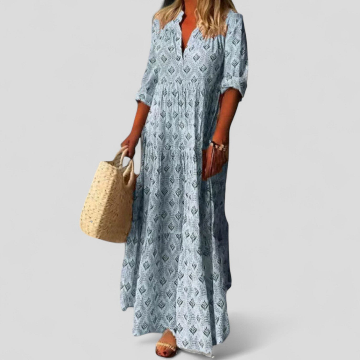 Damen Maxikleid mit V-Ausschnitt, 3/4-Ärmeln und geometrischem Muster