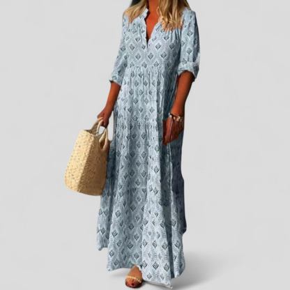 Damen Maxikleid mit V-Ausschnitt, 3/4-Ärmeln und geometrischem Muster