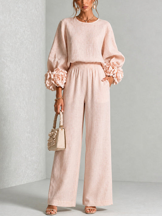 Damen zweiteiliger Hosenanzug mit Blumenärmeln – Oberteil & weite Hose