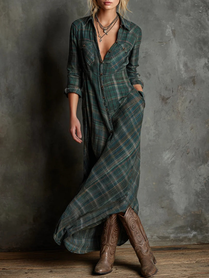Grünes Maxikleid Kariert mit Knopfleiste & Kragen