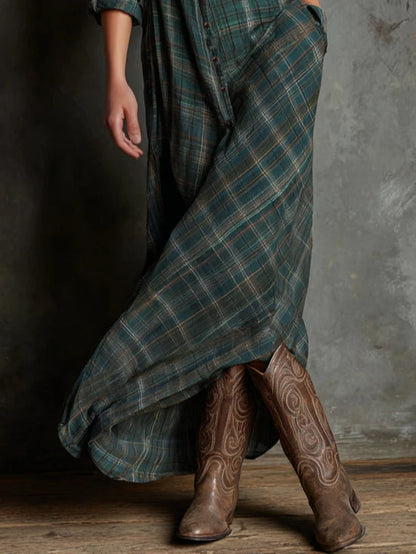 Grünes Maxikleid Kariert mit Knopfleiste & Kragen
