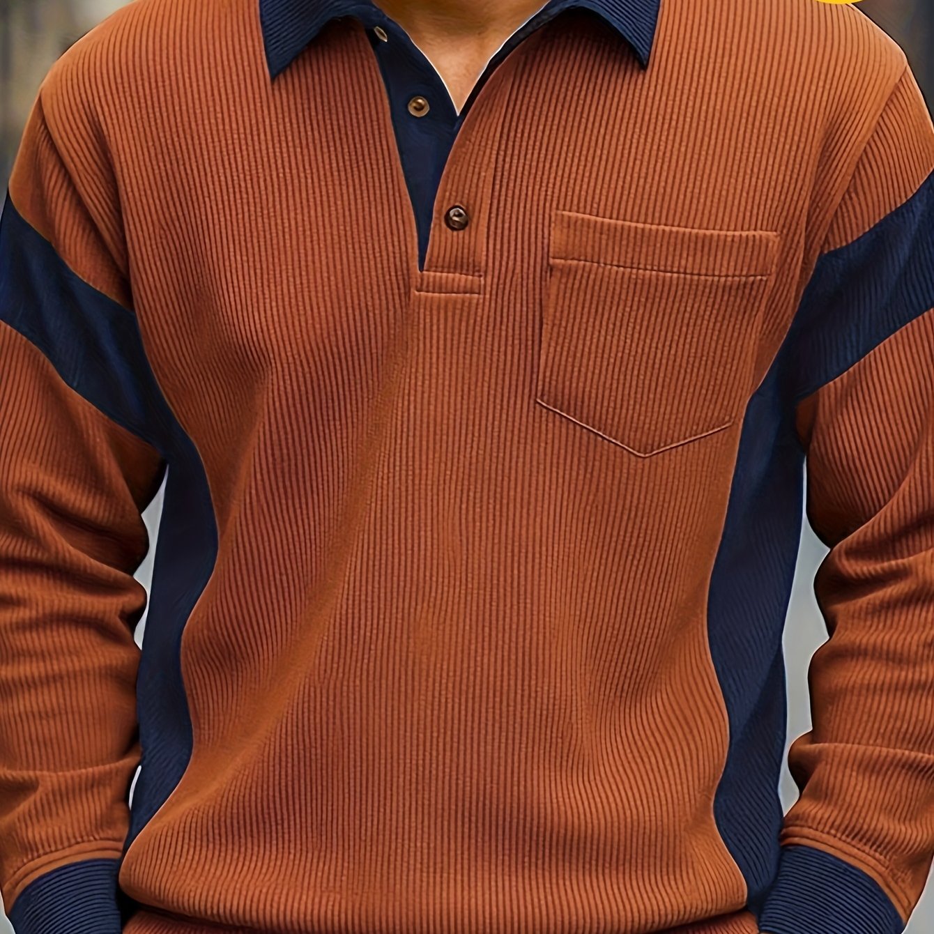 Herren Langarm Poloshirt Braun-Blau Gerippt mit Brusttasche