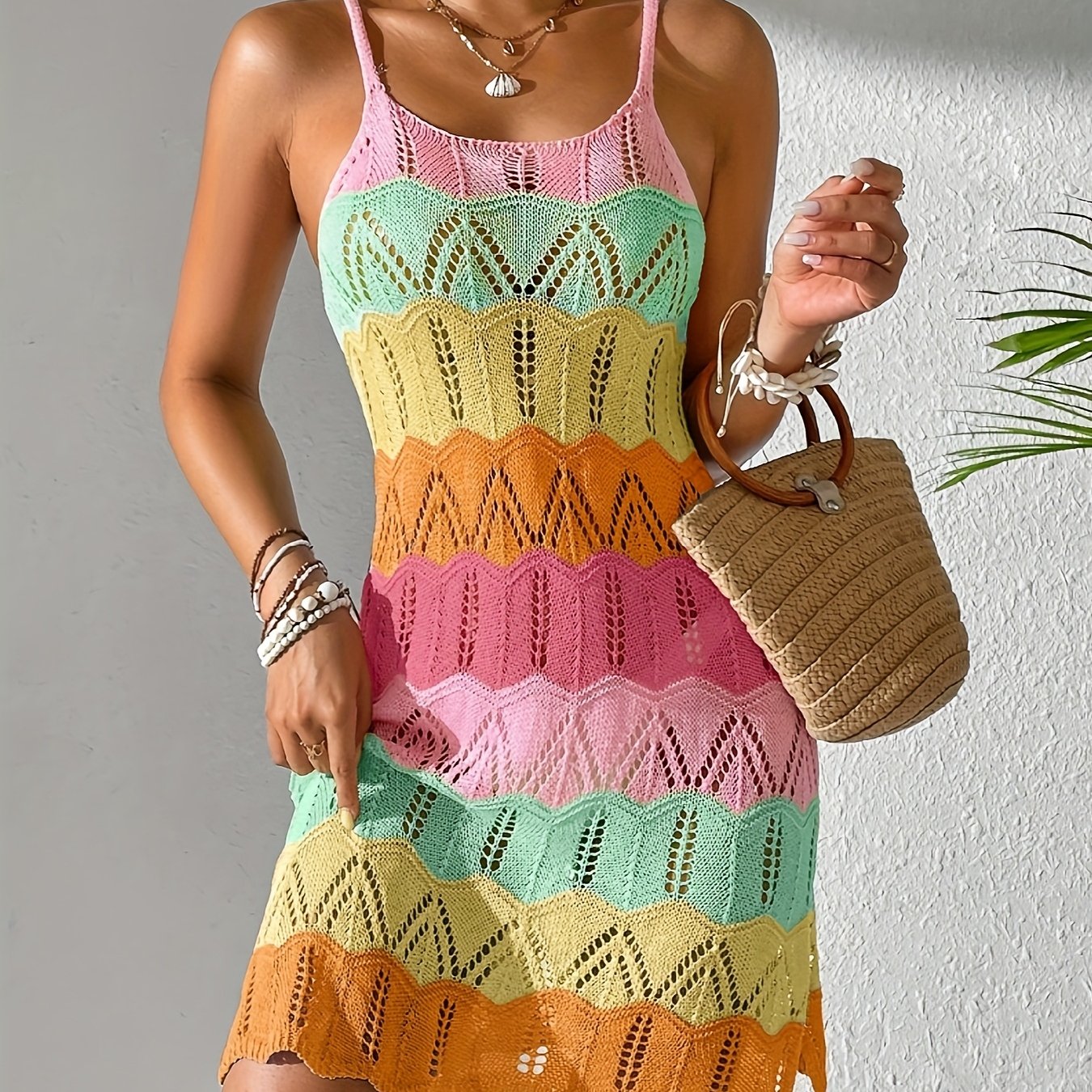 Damen Boho Häkel Minikleid mit Zickzackmuster für Urlaub und Freizeit