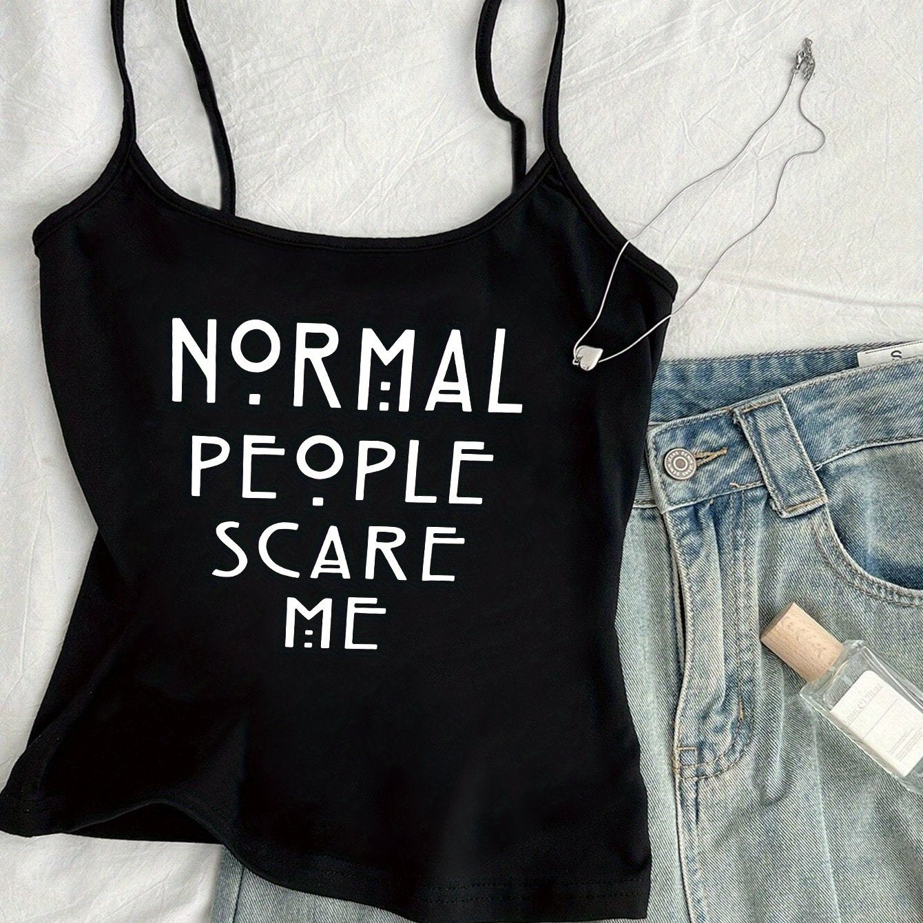 Damen Statement Tanktop mit Print – Normal People Scare Me – Modisches Streetwear Top