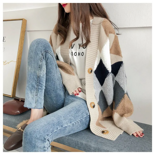 Damen Cardigan mit Argyle Rautenmuster, gestrickte Grobstrickjacke mit V-Ausschnitt