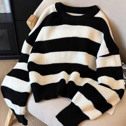 Damen Strickpullover Gestreift Schwarz Weiß Rundhals Oversize Ärmel