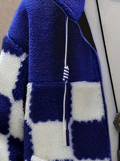 Unisex Teddyfleece Jacke mit Stehkragen und Schachbrettmuster