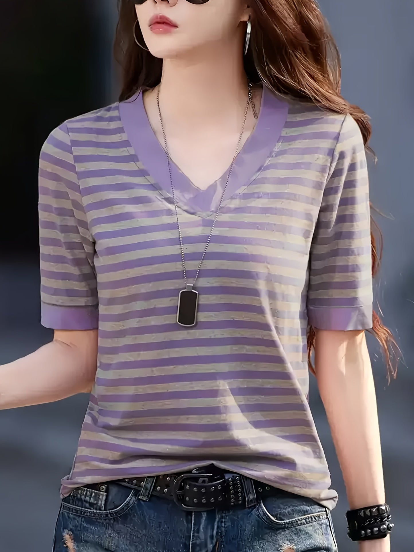 Damen Streifen T-Shirt mit V-Ausschnitt, Kurzarm, Modischer Freizeitstil
