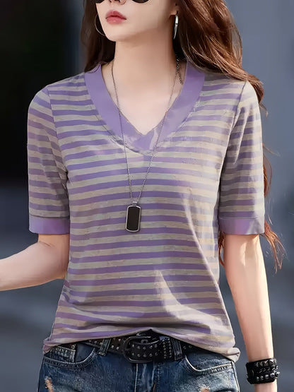 Damen Streifen T-Shirt mit V-Ausschnitt, Kurzarm, Modischer Freizeitstil