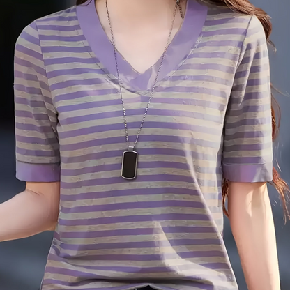 Damen Streifen T-Shirt mit V-Ausschnitt, Kurzarm, Modischer Freizeitstil