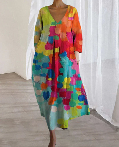 Damen Maxikleid mit abstraktem Print und V-Ausschnitt – Künstlerisches Freizeitkleid für Alltag und besondere Anlässe