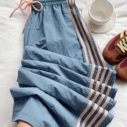 Damen Weitbeinige Athleisure Hose mit Streifen und Kordelzug – Sportlich & Lässig