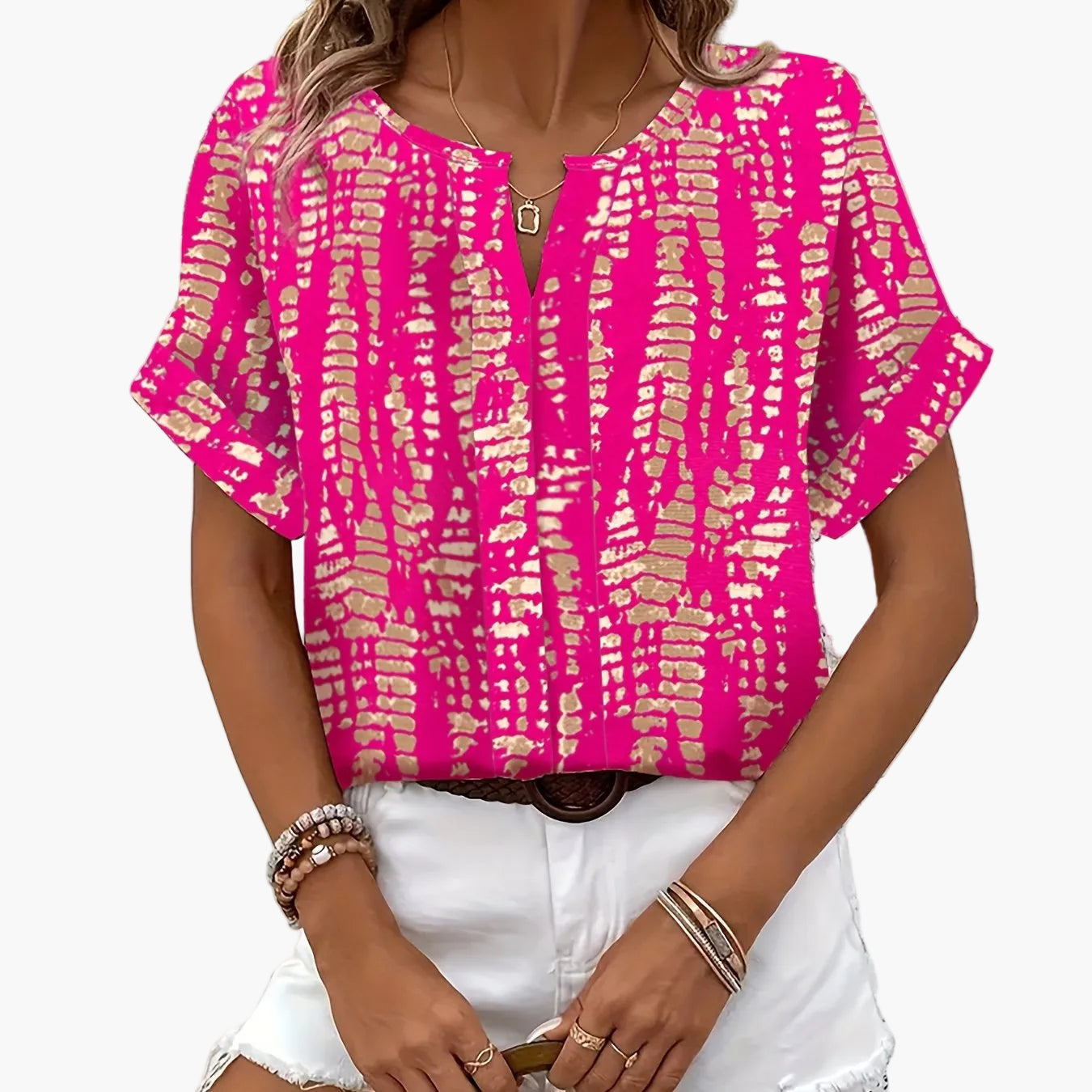 Damen Elegante Kurzarm Bluse mit Modernem Print – Perfekt für Freizeit und Büro