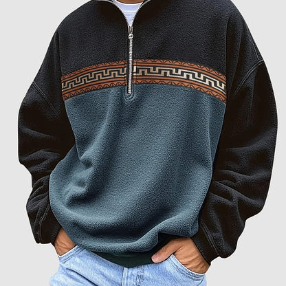 Herren Fleece-Pullover mit Reißverschluss, Stehkragen und Aztekenmuster