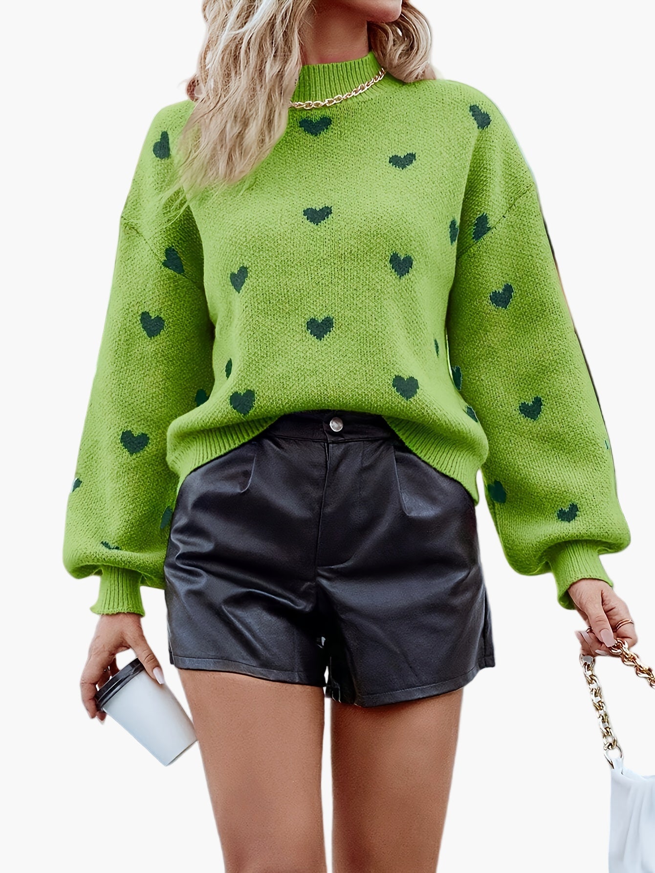 Damen Pullover mit Herzmuster und Ballonärmeln – Lässiger Strick für Alltag und Freizeit