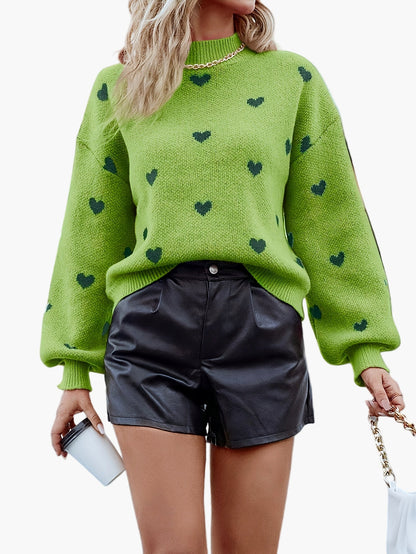 Damen Pullover mit Herzmuster und Ballonärmeln – Lässiger Strick für Alltag und Freizeit