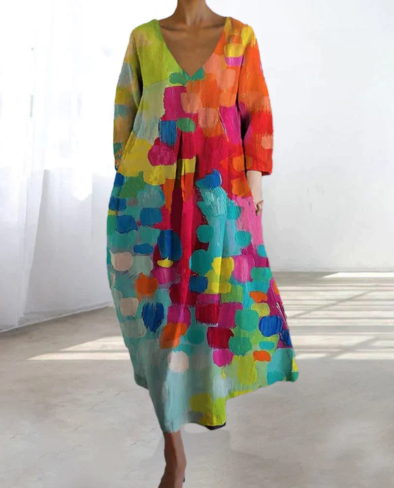 Damen Maxikleid mit abstraktem Print und V-Ausschnitt – Künstlerisches Freizeitkleid für Alltag und besondere Anlässe
