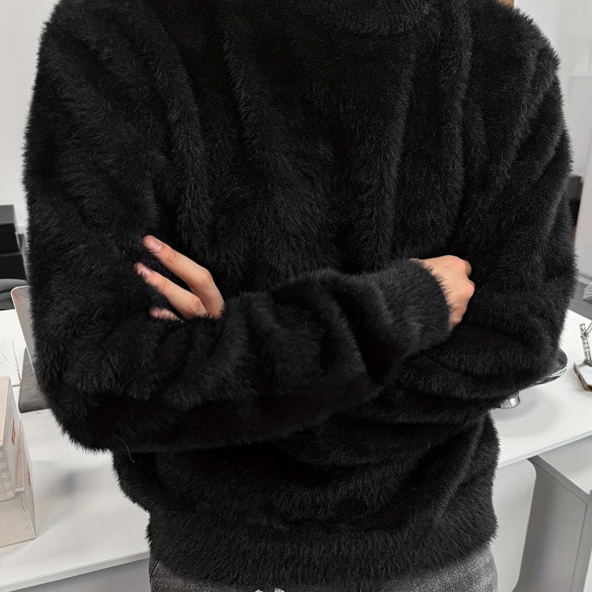 Unisex Langarm Pullover Flauschig Rundhals Weiß Schwarz