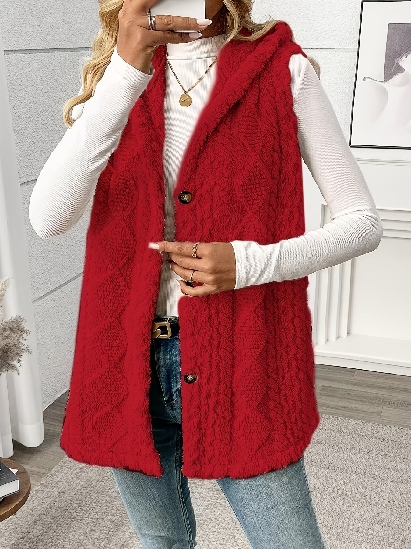 Damen Strickweste mit Kapuze und Knöpfen – Eleganter Lagenlook für Alltag und Freizeit