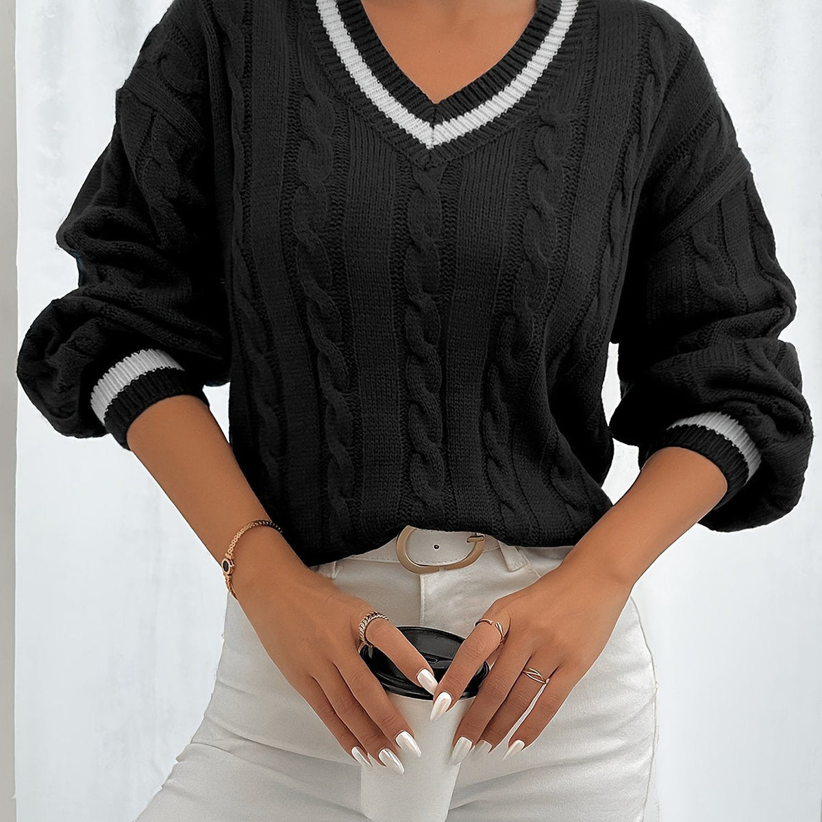 Damen Pullover Zopfmuster V-Ausschnitt College-Stil Kontraststreifen