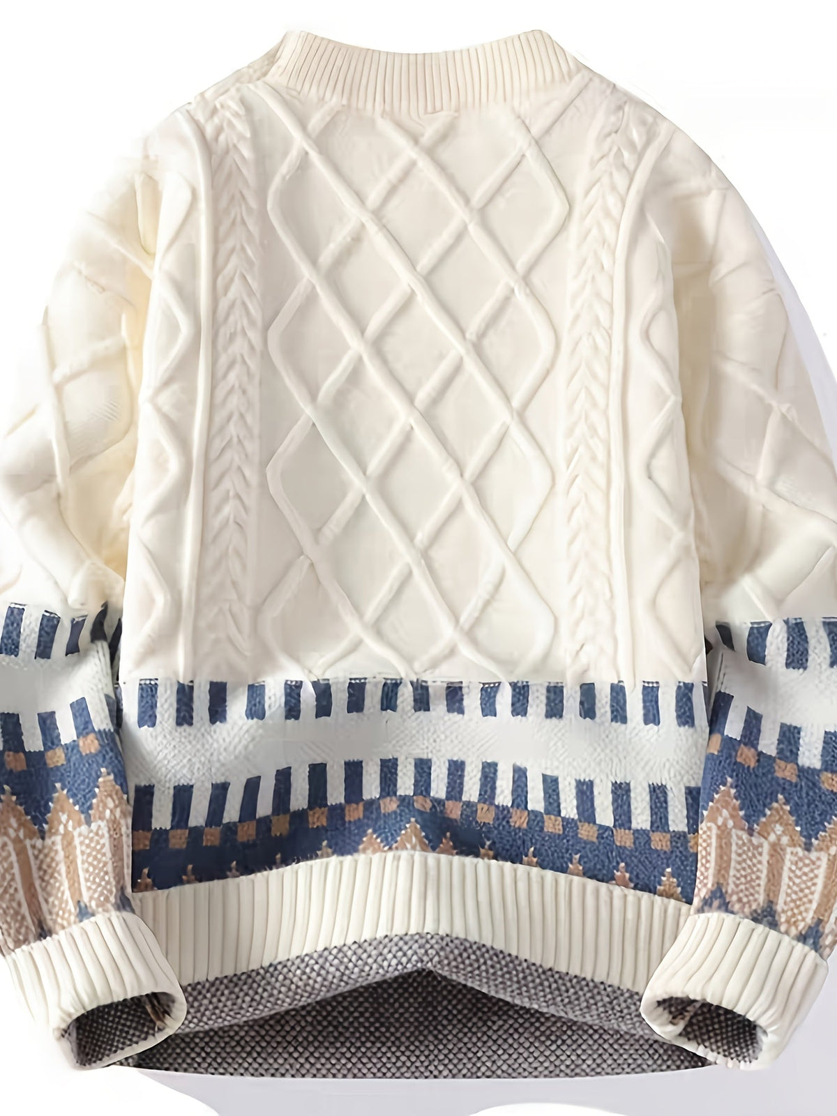 Cremefarbener Grobstrick Pullover mit Rundhalsausschnitt und gemustertem Saum
