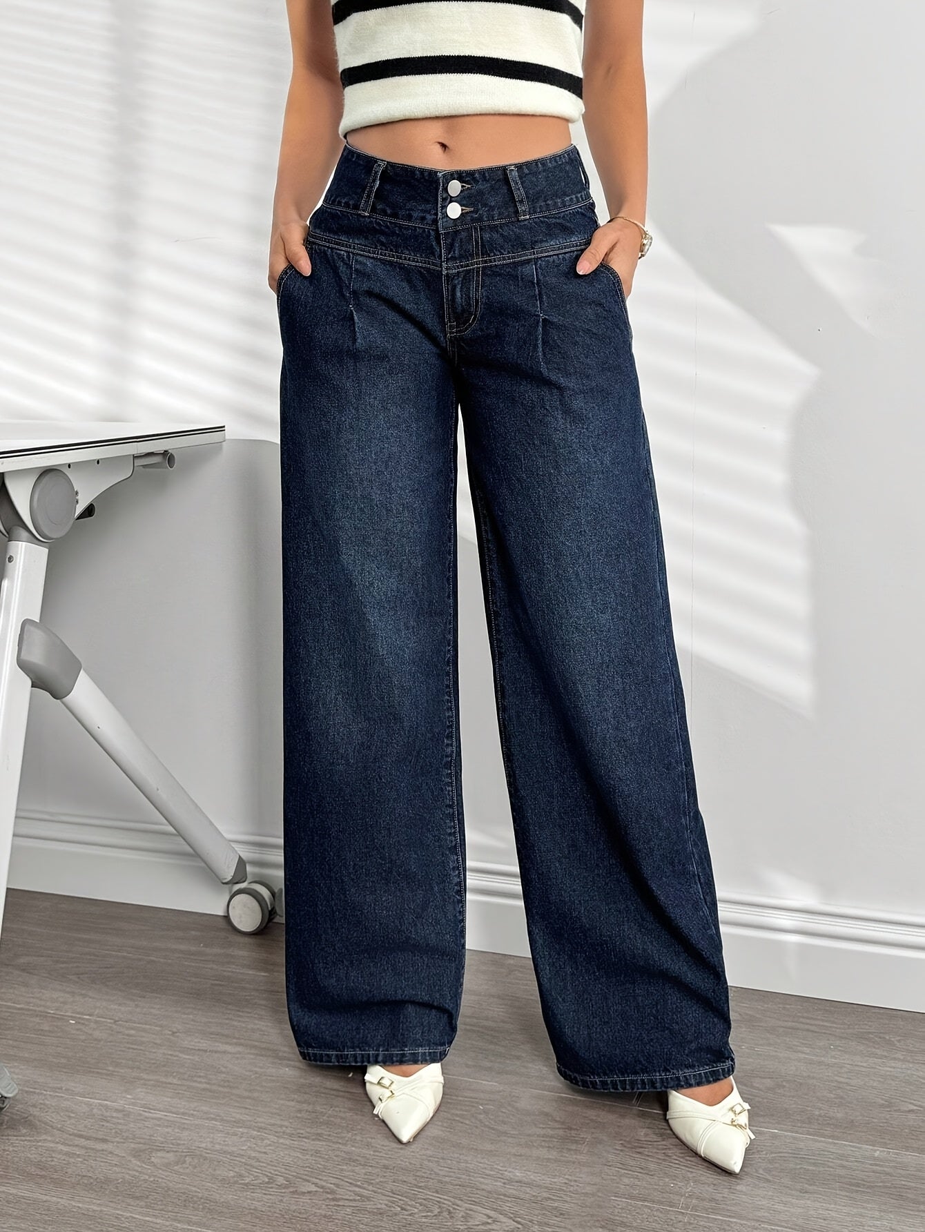 Damen Weitbein Jeans High Waist Elegant Freizeitmode