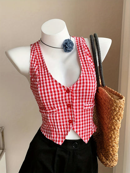 Damen Karierte Weste im Vintage-Stil – Eleganter Sommer Look für Freizeit & Alltag