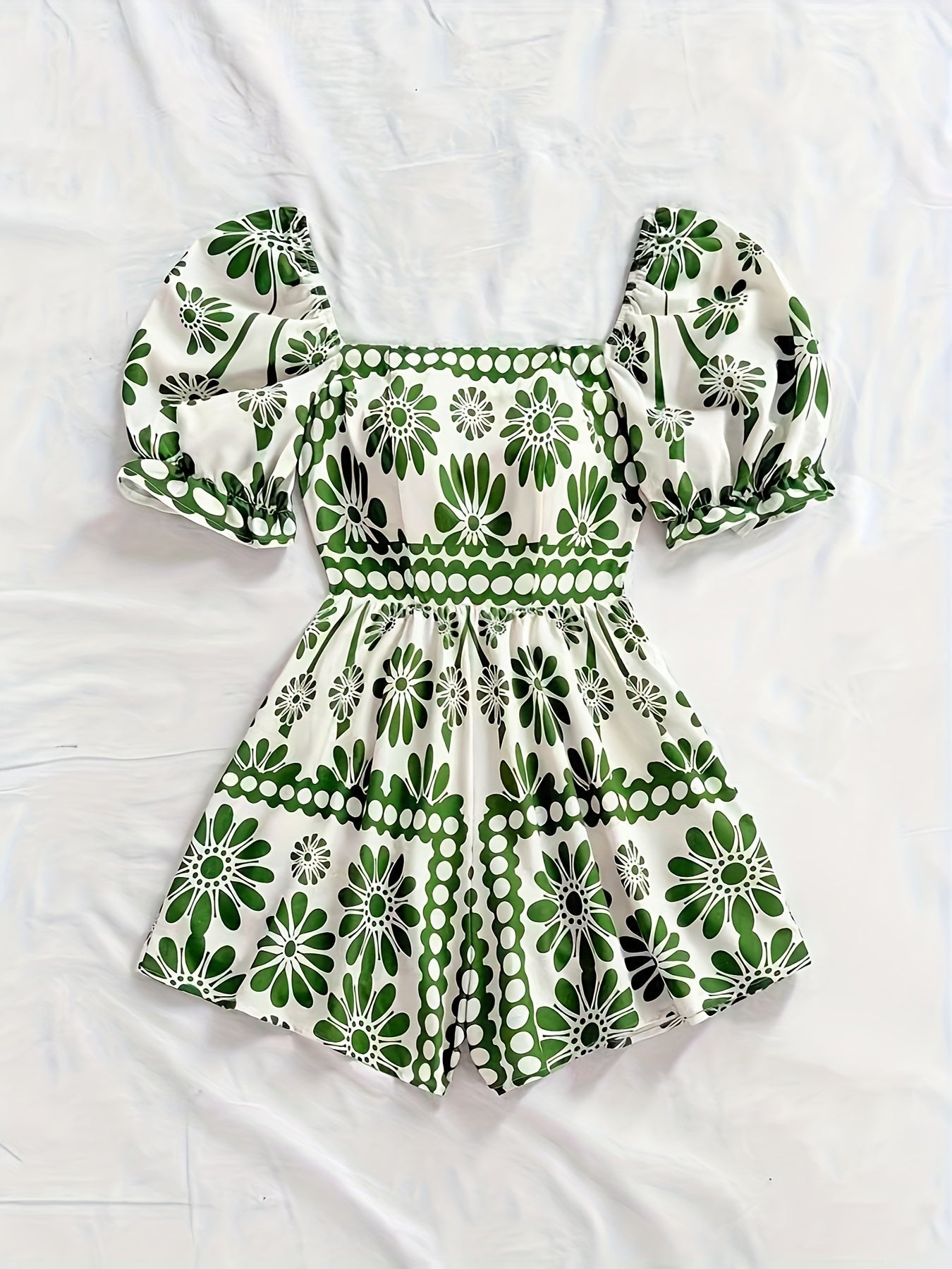 Damen Vintage-Jumpsuit mit Puffärmeln und Blumenmuster – Eleganter Einteiler für Sommer und Freizeit