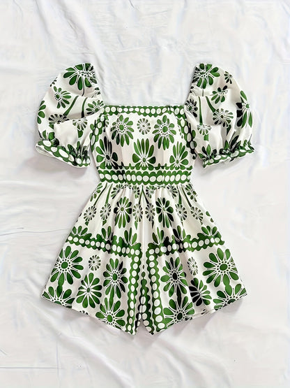 Damen Vintage-Jumpsuit mit Puffärmeln und Blumenmuster – Eleganter Einteiler für Sommer und Freizeit