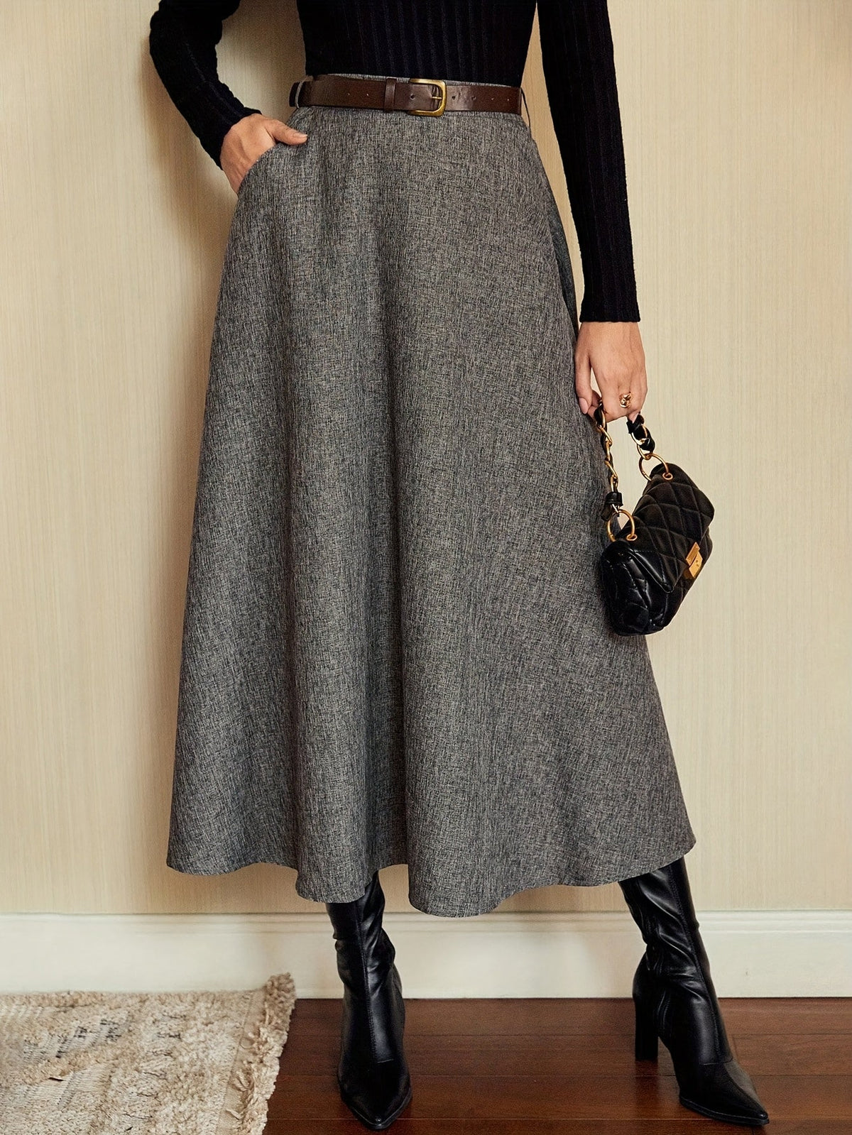 A-Linien Midi Rock für Damen, Grau meliert, Hohe Taille