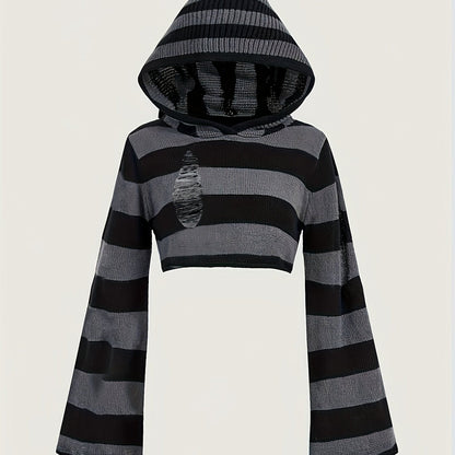 Gestreifter Crop Hoodie für Damen mit Kapuze und weiten Ärmeln
