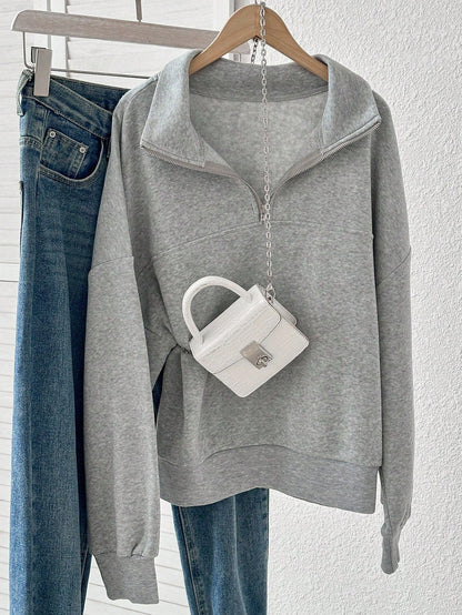 Damen Sweatshirt Grau mit Reißverschlusskragen Lange Ärmel Lässiger Pullover