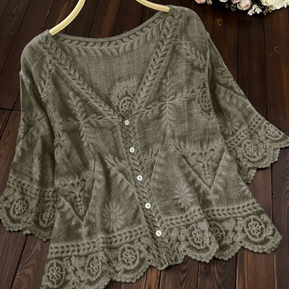 Damen Bluse mit Stickerei und V-Ausschnitt, 3/4-Ärmel, Knopfleiste