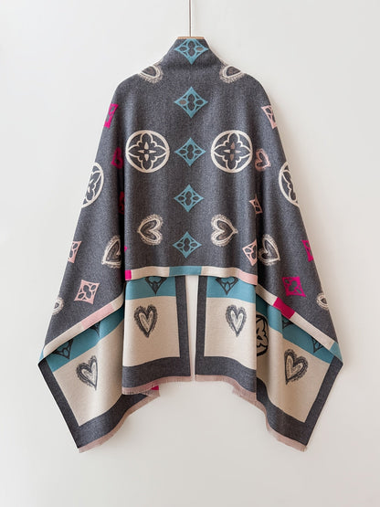 Damen Poncho mit Herz- und Muster-Print, Weicher Umhang mit Fransen, Einheitsgröße