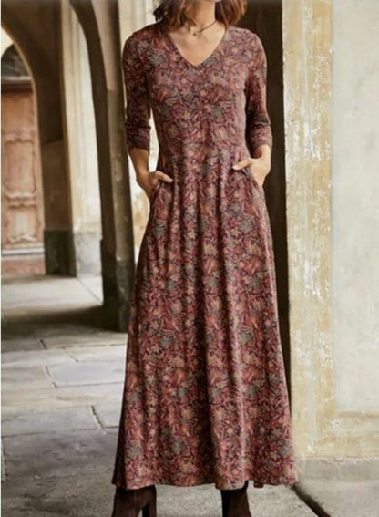 Damen Boho-Maxikleid mit V-Ausschnitt & 3/4-Ärmeln – Lässige Eleganz für Alltag & Freizeit