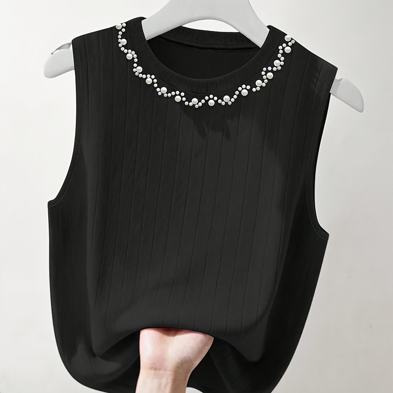 Damen Elegantes Stricktop mit Perlenbesatz – Ärmelloses Oberteil für modische Anlässe
