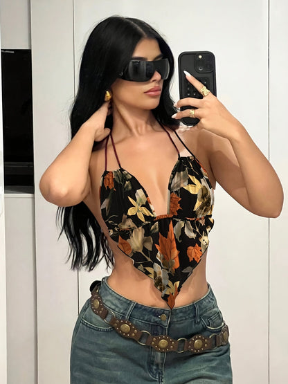 Damen Body mit Blumenmuster und tiefem Ausschnitt – Modischer Einteiler für trendige Freizeit-Looks