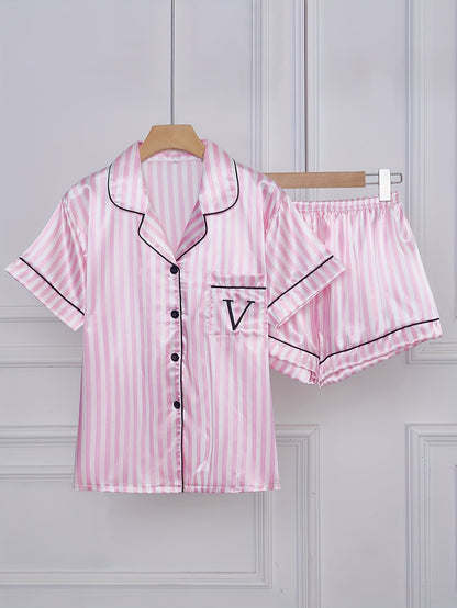 Damen Satin Pyjama Set Kurzarm mit Streifen – Stilvolles Nachtwäsche-Set für erholsamen Schlaf