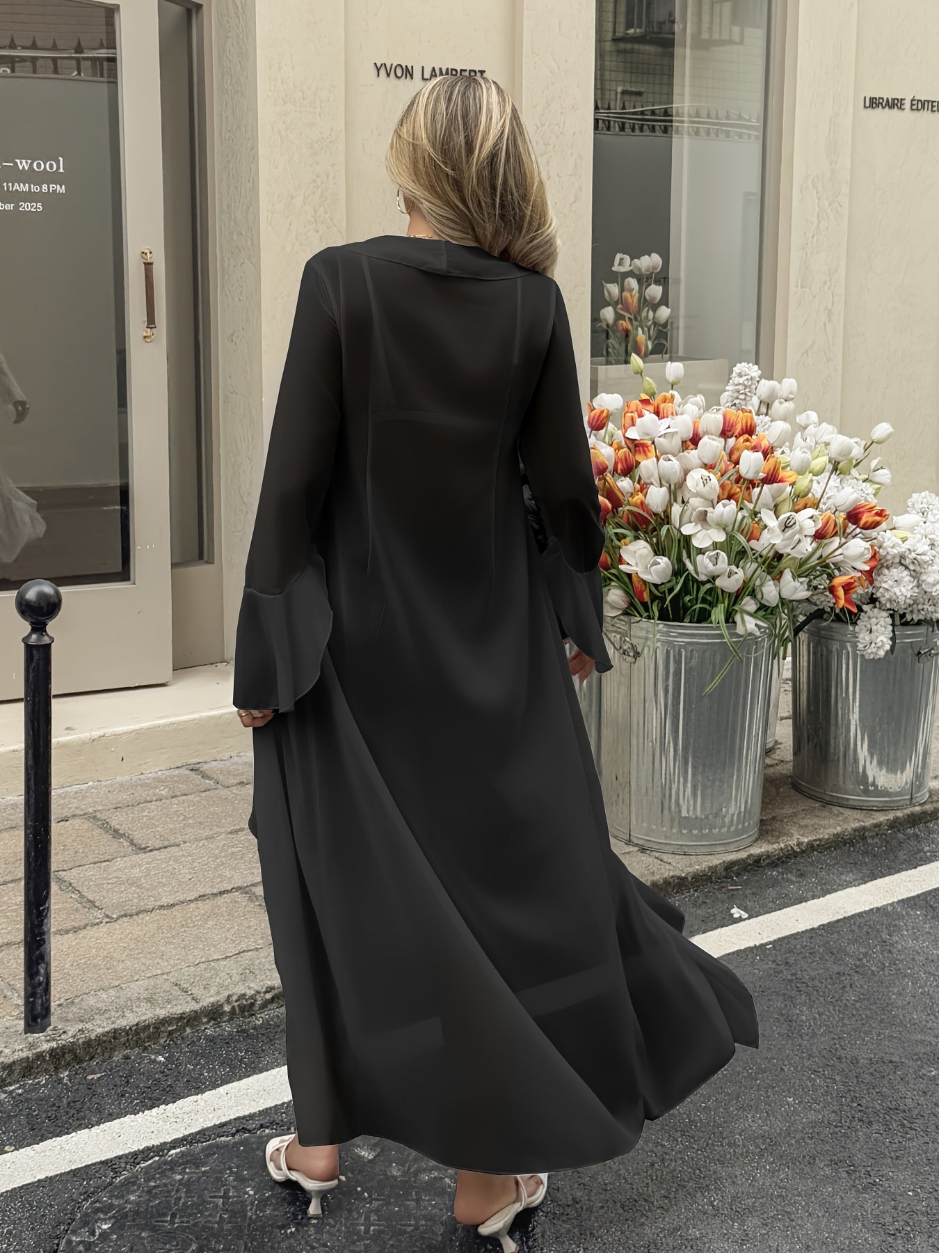 Damen Eleganter Langer Strand Kimono mit Rüschen und Offenem Schnitt – Stilvolle Überwurfjacke für Urlaub und Freizeit