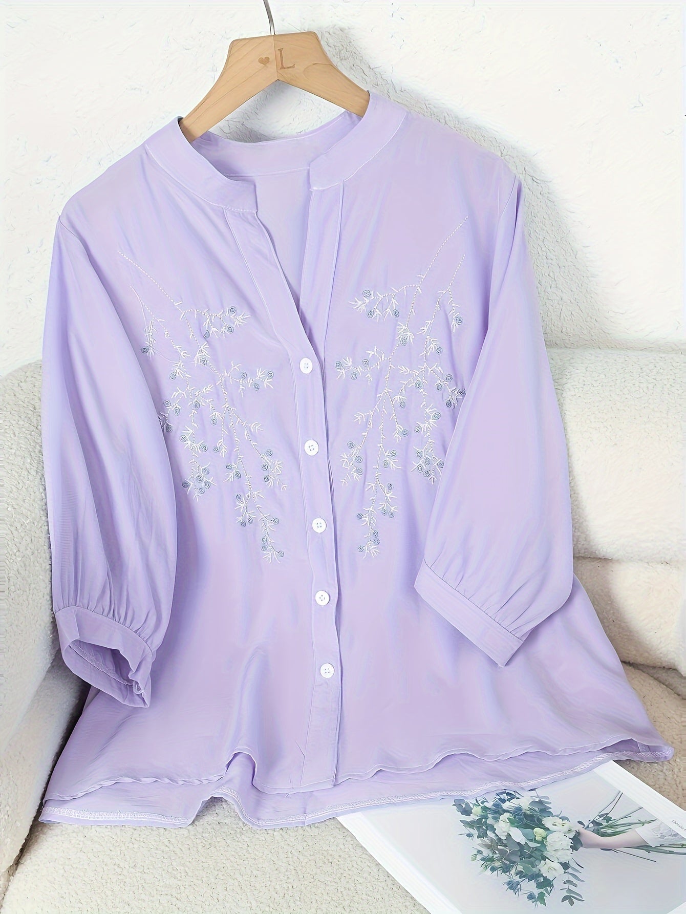 Damen Bluse Elegant Bestickt Locker Freizeit Büro Chic