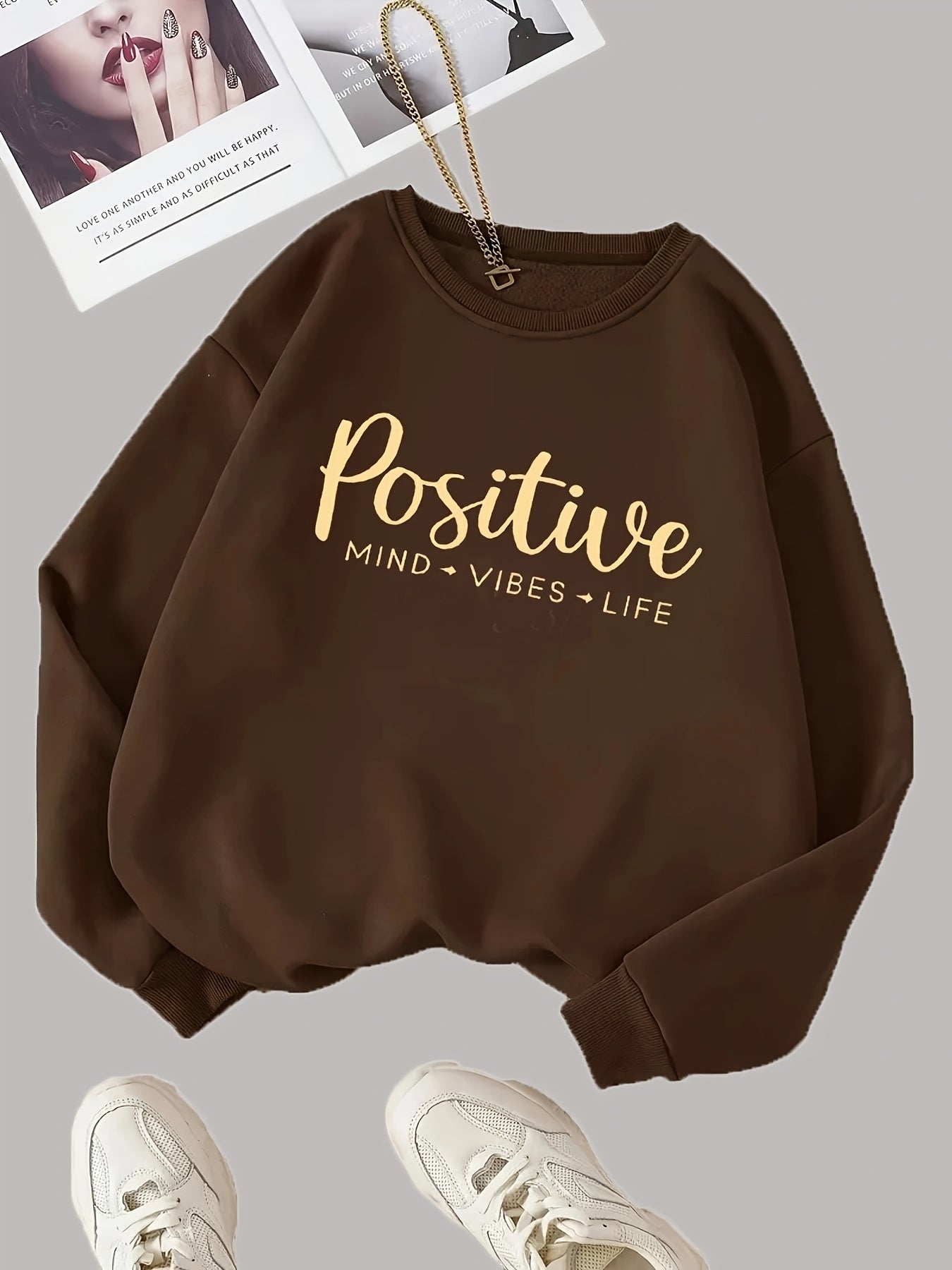 Damen Sweatshirt Braun mit Schriftzug "Positive Mind Vibes Life" Rundhals Langarm Oversized