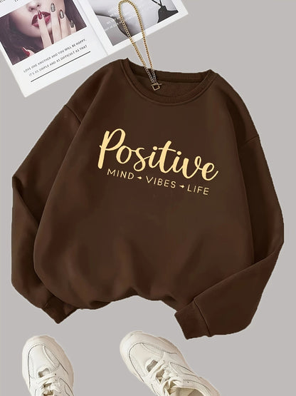 Damen Sweatshirt Braun mit Schriftzug "Positive Mind Vibes Life" Rundhals Langarm Oversized