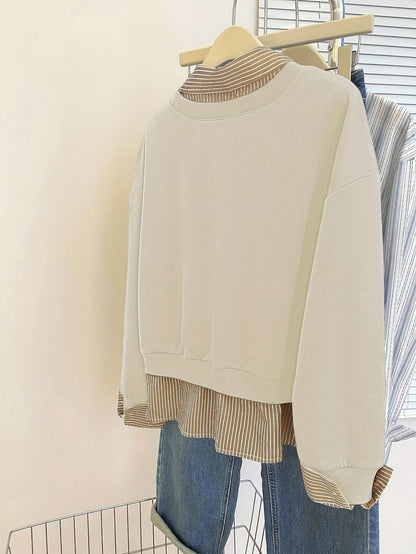 Damen Sweatshirt mit Kragen und Streifen-Einsatz – Schwarz
