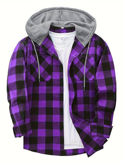 Unisex Kariertes Hemdjacke mit Kapuze Button-Down Langarm Freizeithemd