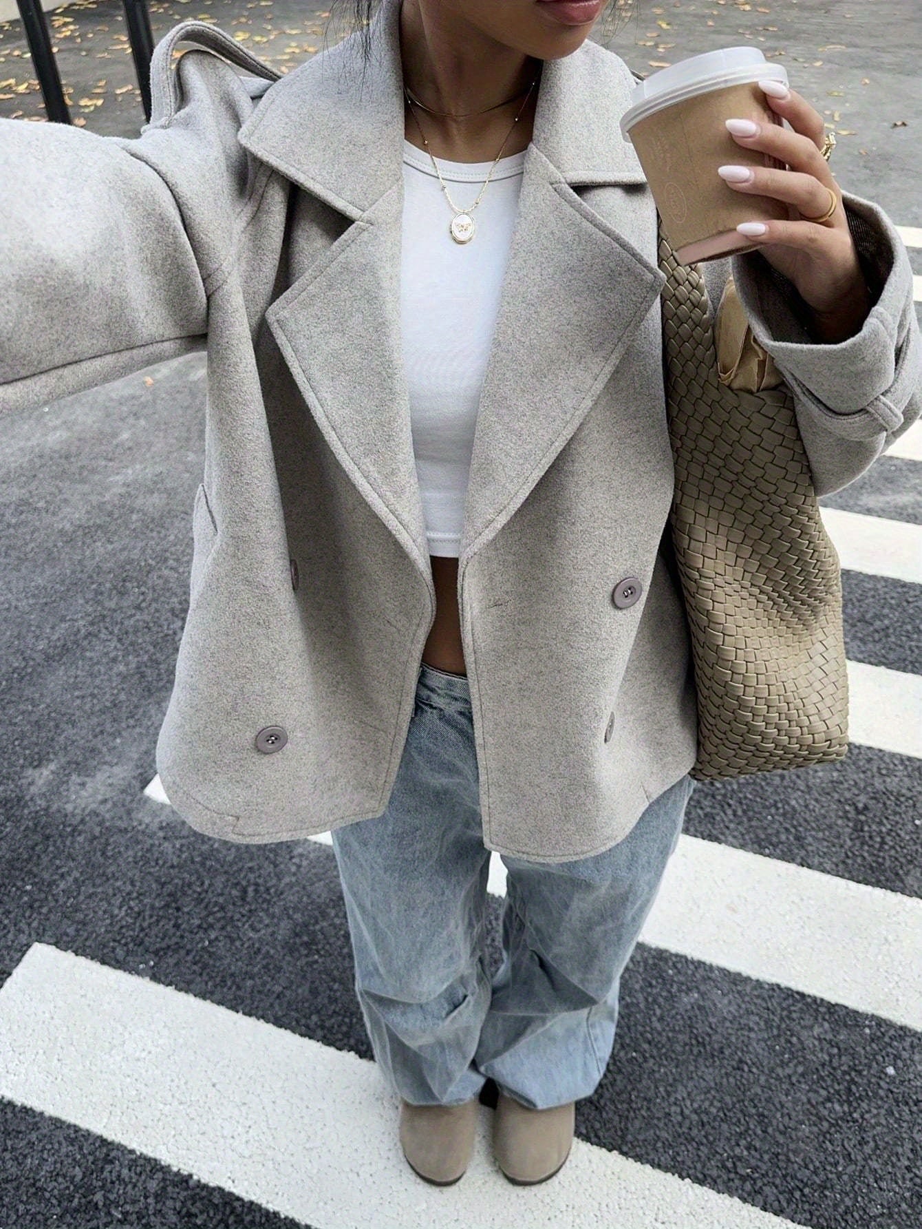 Damen Kurzmantel Jacke Doppelreiher Graubeige Kragen