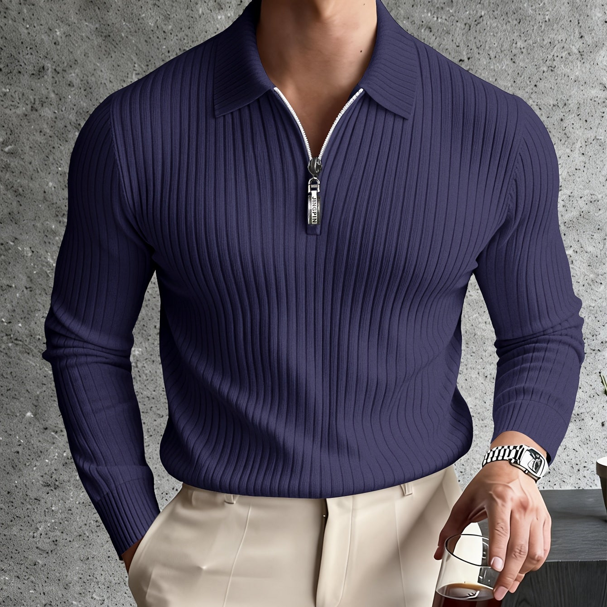 Herren Rippstrick Poloshirt Langarm mit Reißverschluss Kragen