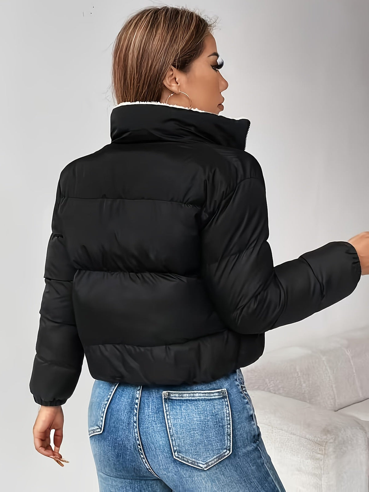 Damen Steppjacke mit Teddyfutter, kurz geschnitten, Reißverschluss