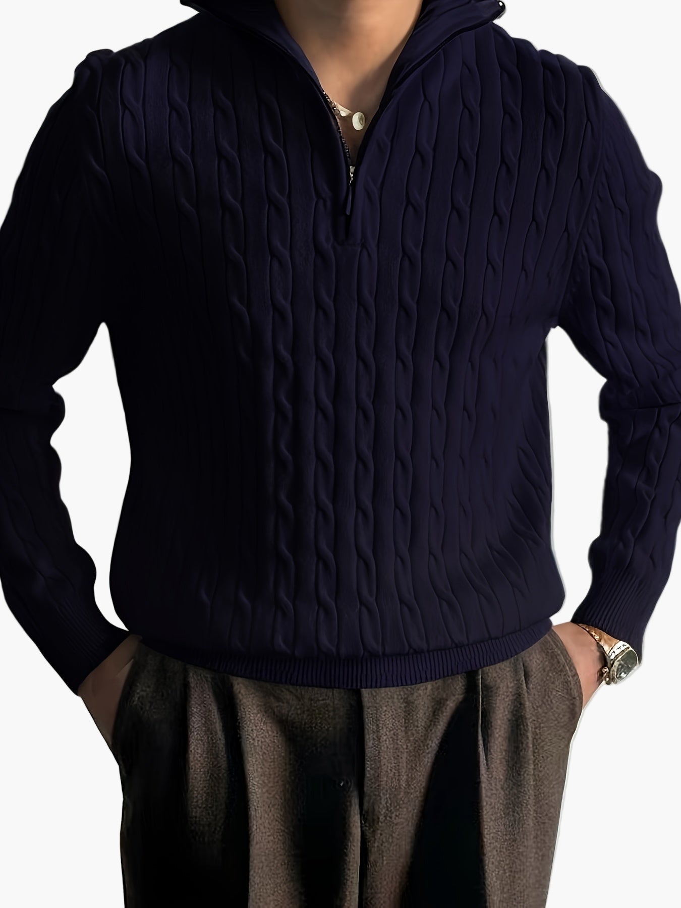Herren Strickpullover mit Zopfmuster und halbem Reißverschluss – Casual Stil für Herbst und Winter