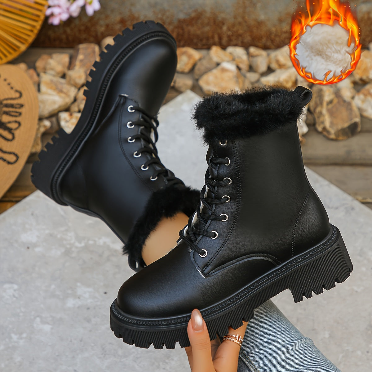 Damen Schnürstiefel mit Kunstfellbesatz und Profilsohle